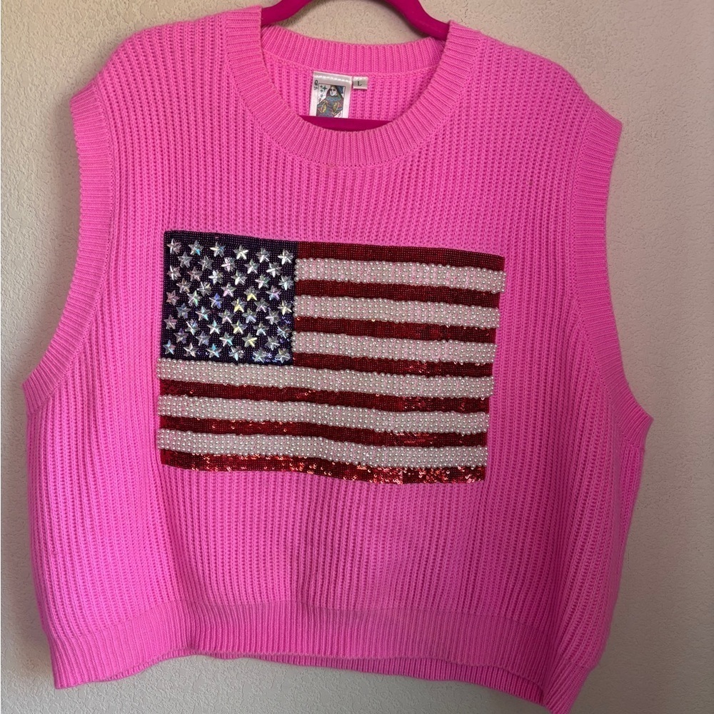 Queen of Sparkles American Flag Bubblegum Pink Sleeveless Sweater Skirt SET 🇺🇸 L - Picture 2 of 13